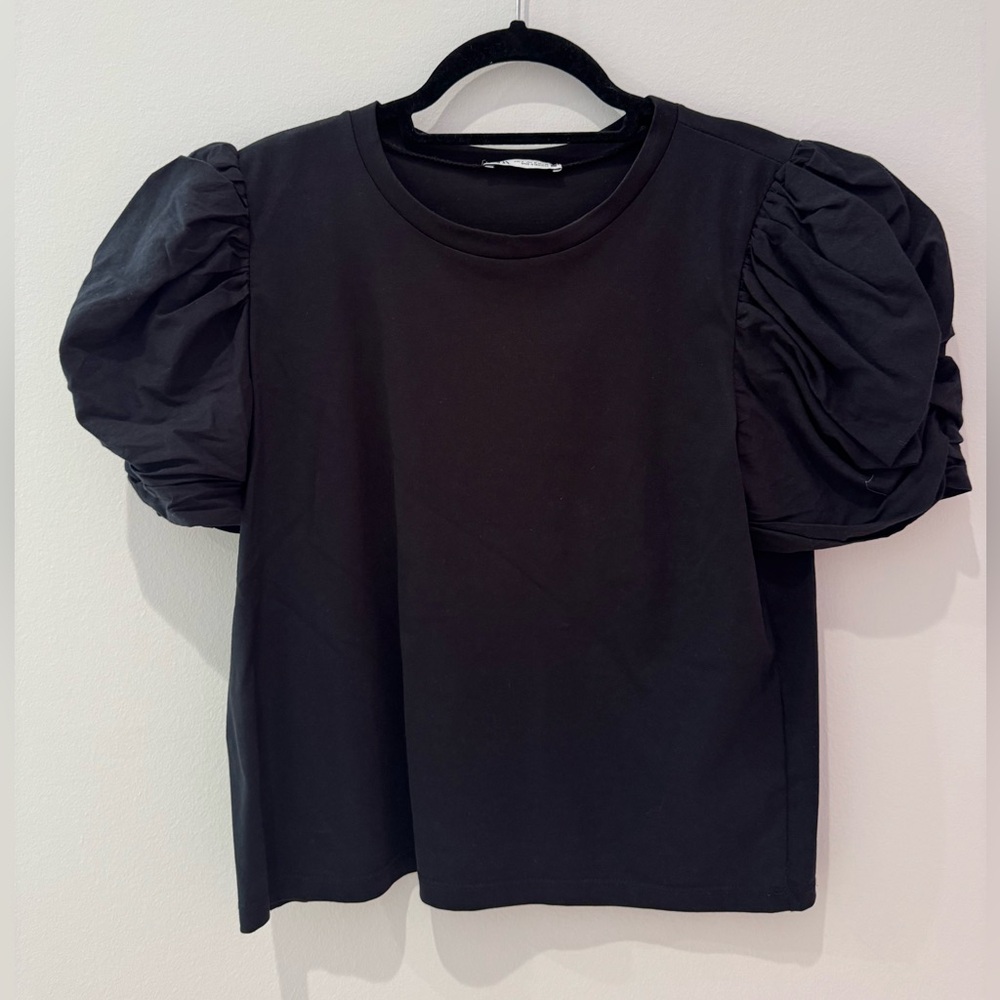 Zara Black Puff Sleeve Ruched T-Shirt